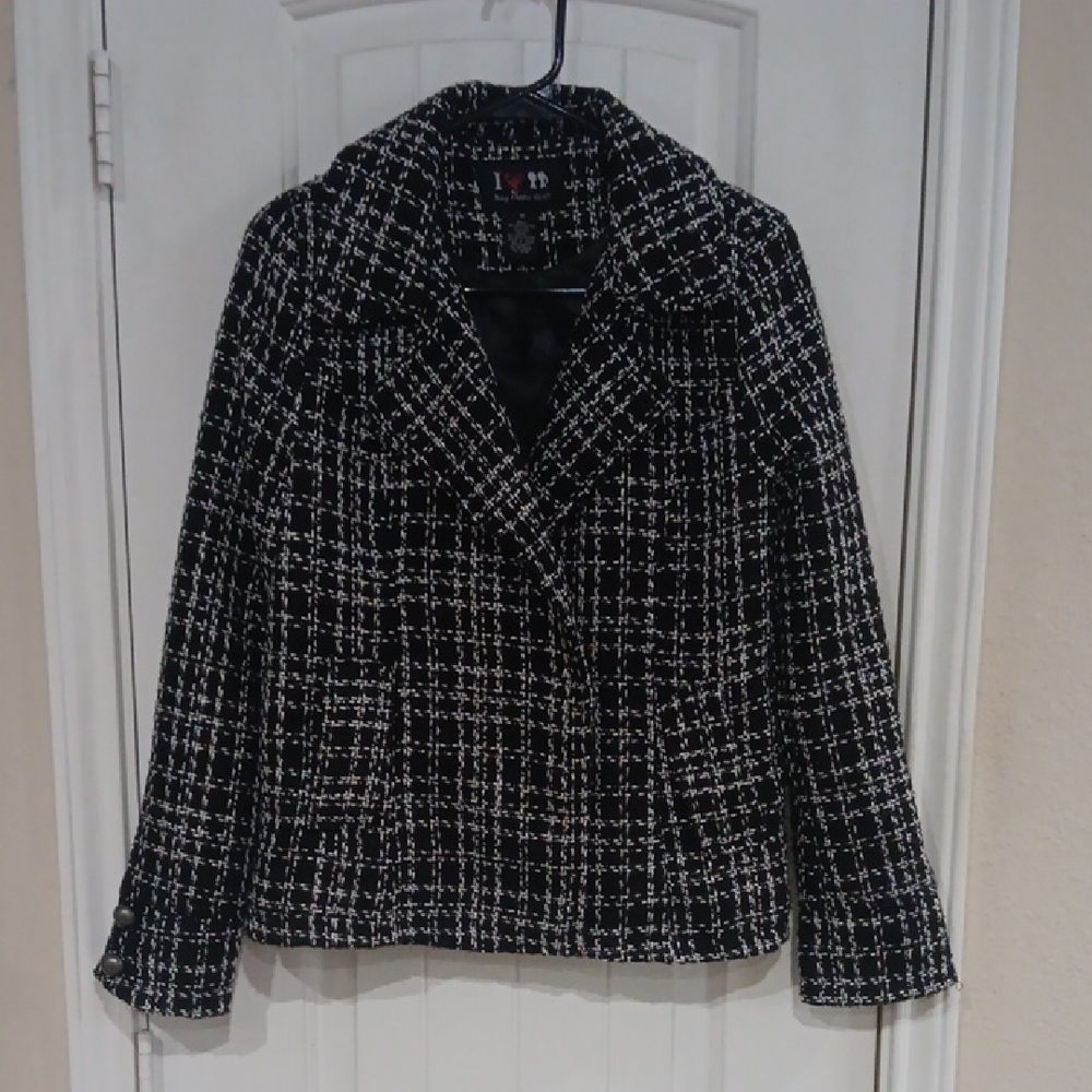 Boy Meets Girl Metallic Black & White Checkered Tweed Blazer